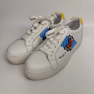 Britto Womens 8 Sneakers White Leather Butterfly Art Print Yellow Accents